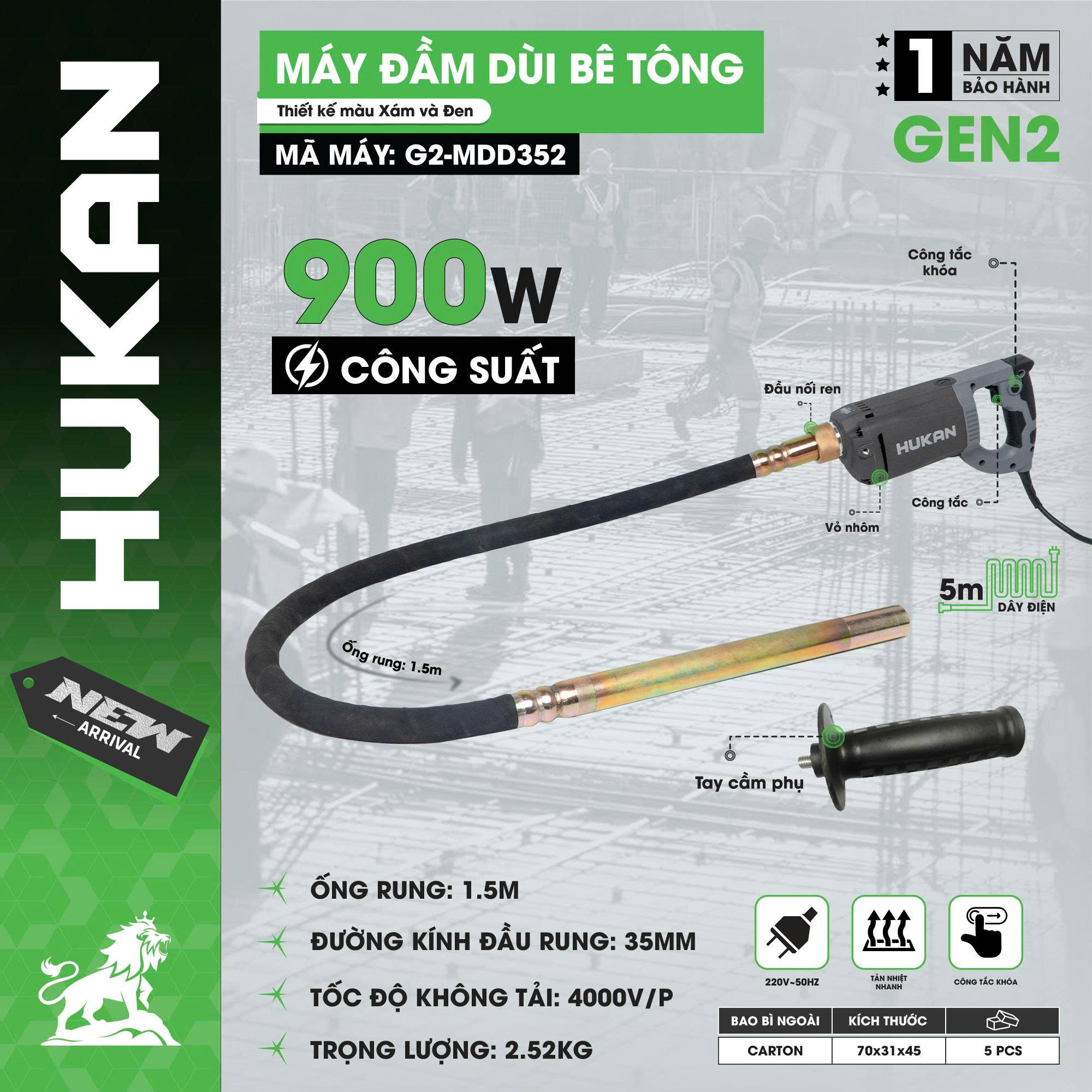Máy đầm dùi bê tông GEN 2 HUKAN G2-MDD352