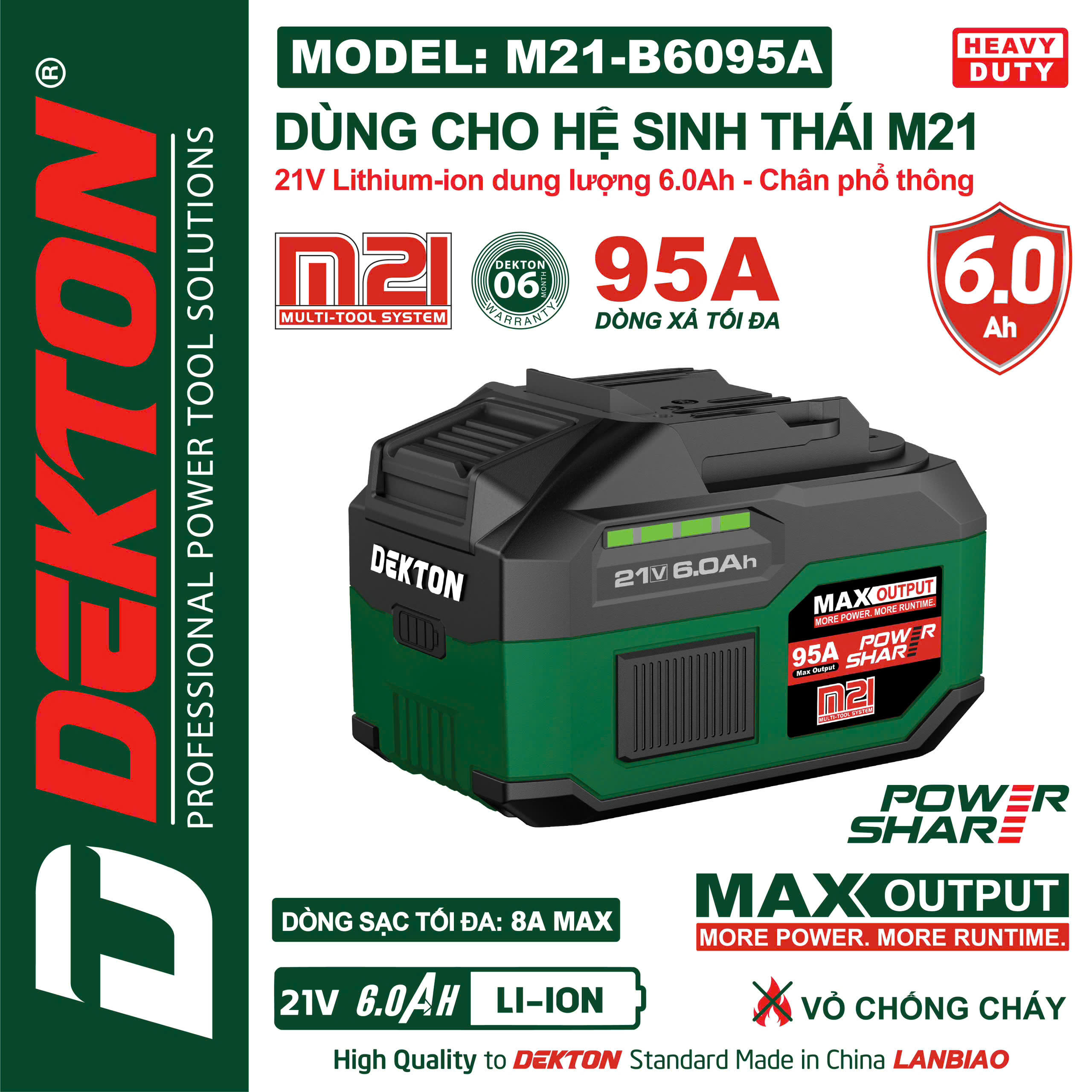 Pin Dekton 21V 6.0Ah M21-B6095A – Dòng Xả Cao 95A