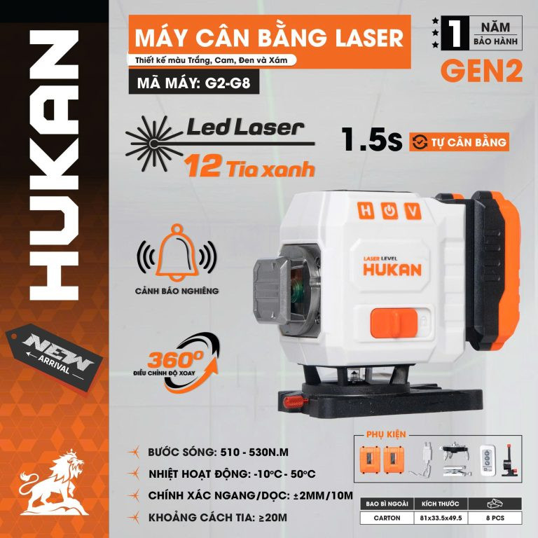Máy cân bằng laser HUKAN GEN 2 G2-G8 – 12 tia xanh, ±2mm/10m,