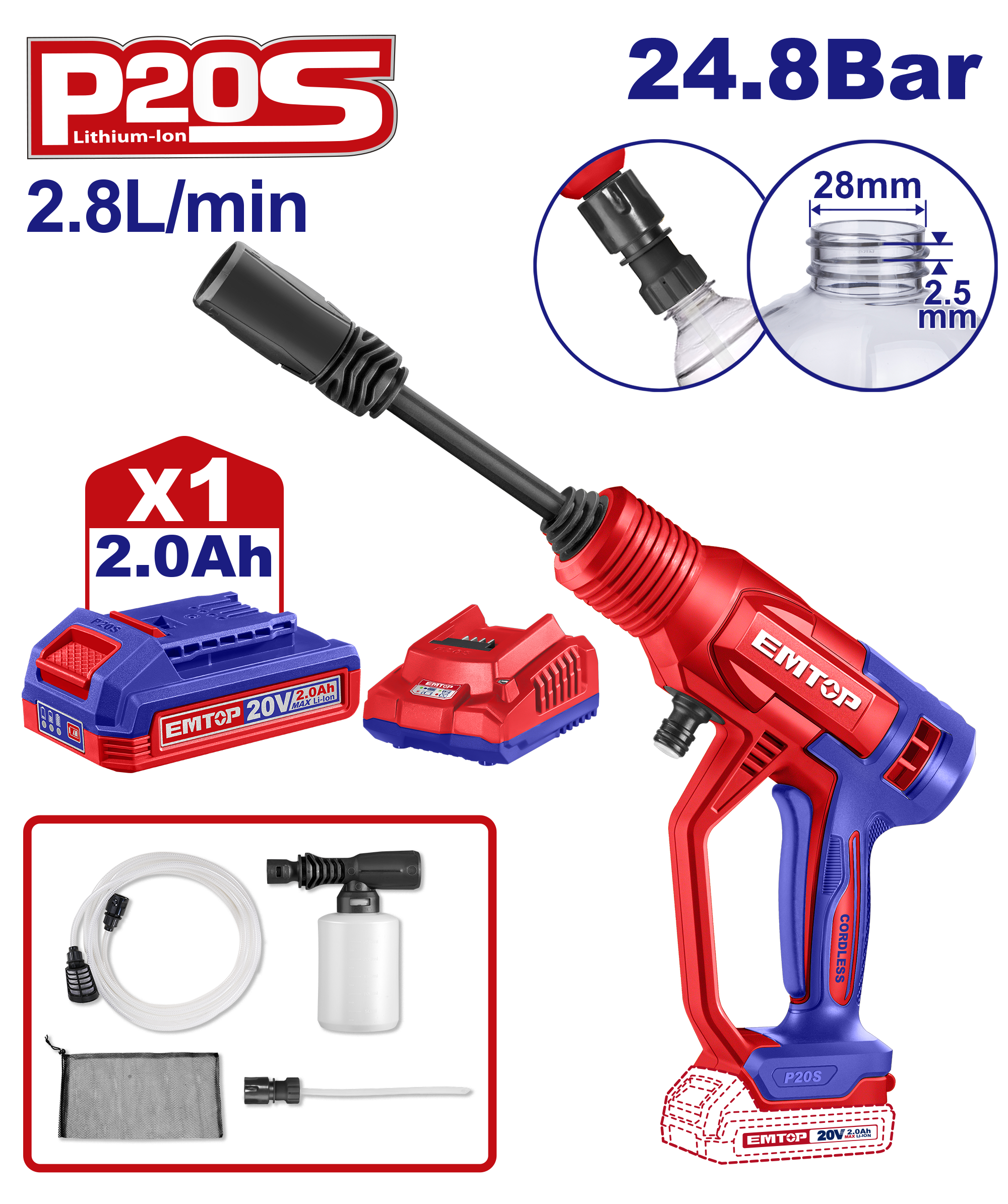 Bộ máy rửa xe pin EMTOP ELPW20362 20V