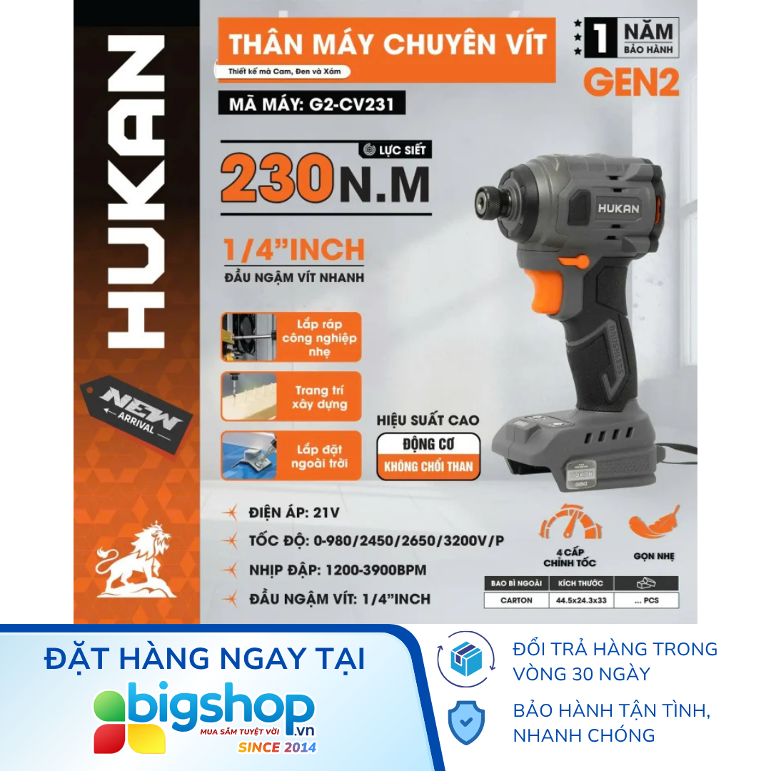 Máy chuyên vít dùng pin HUKAN G2-CV231 (Lực siết 230Nm - Thân máy)