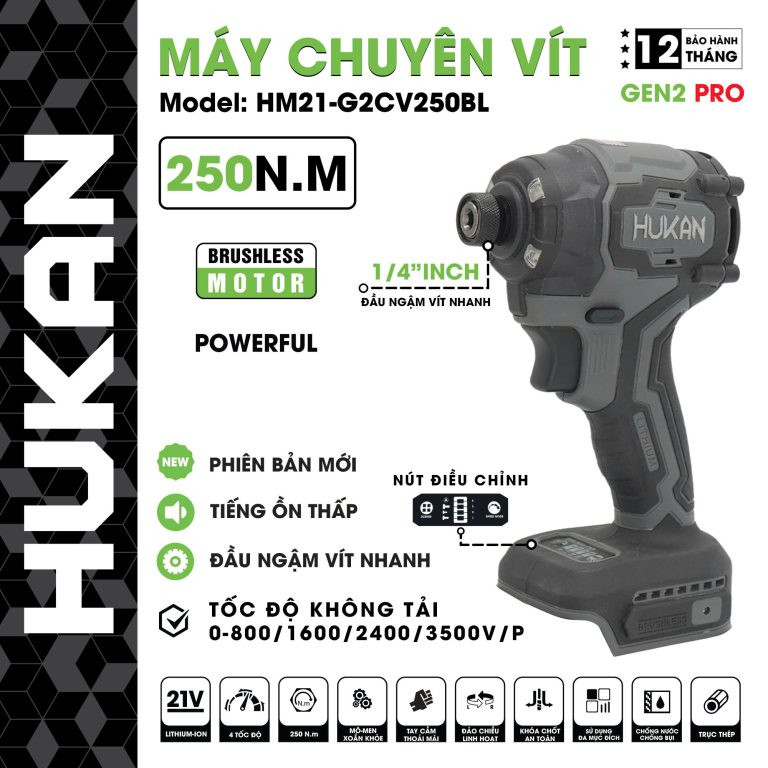 Thân máy chuyên vít HUKAN HM21-G2CV250BL (GEN 2) | 21V – 250Nm