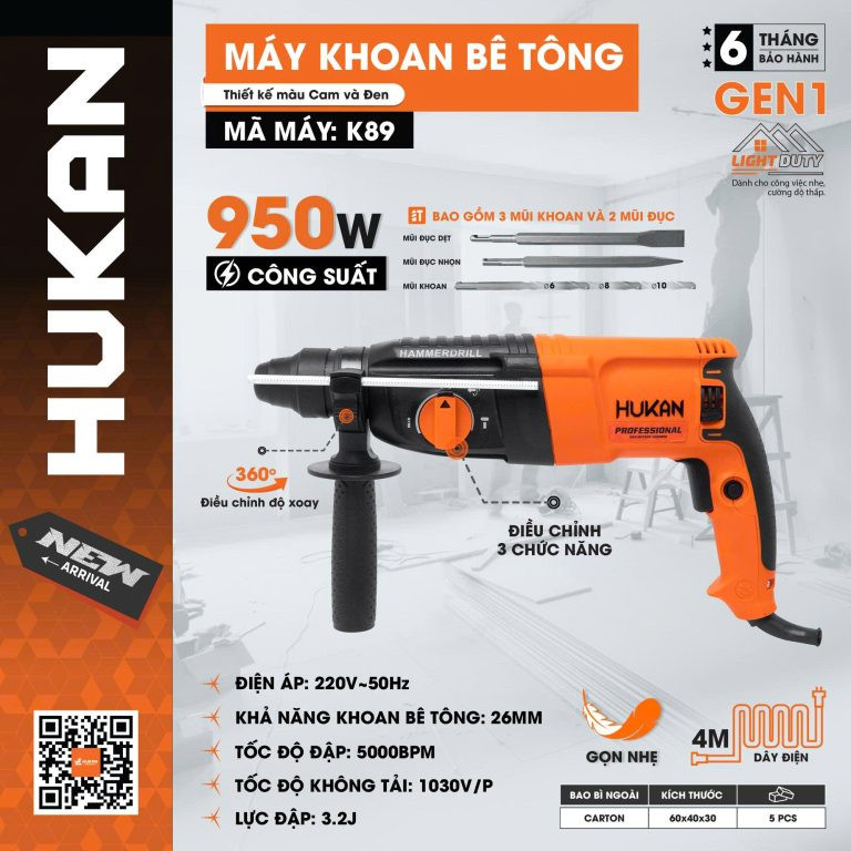 Máy khoan bê tông 3 chức năng HUKAN K89 – 950W, lực đập 3.2J