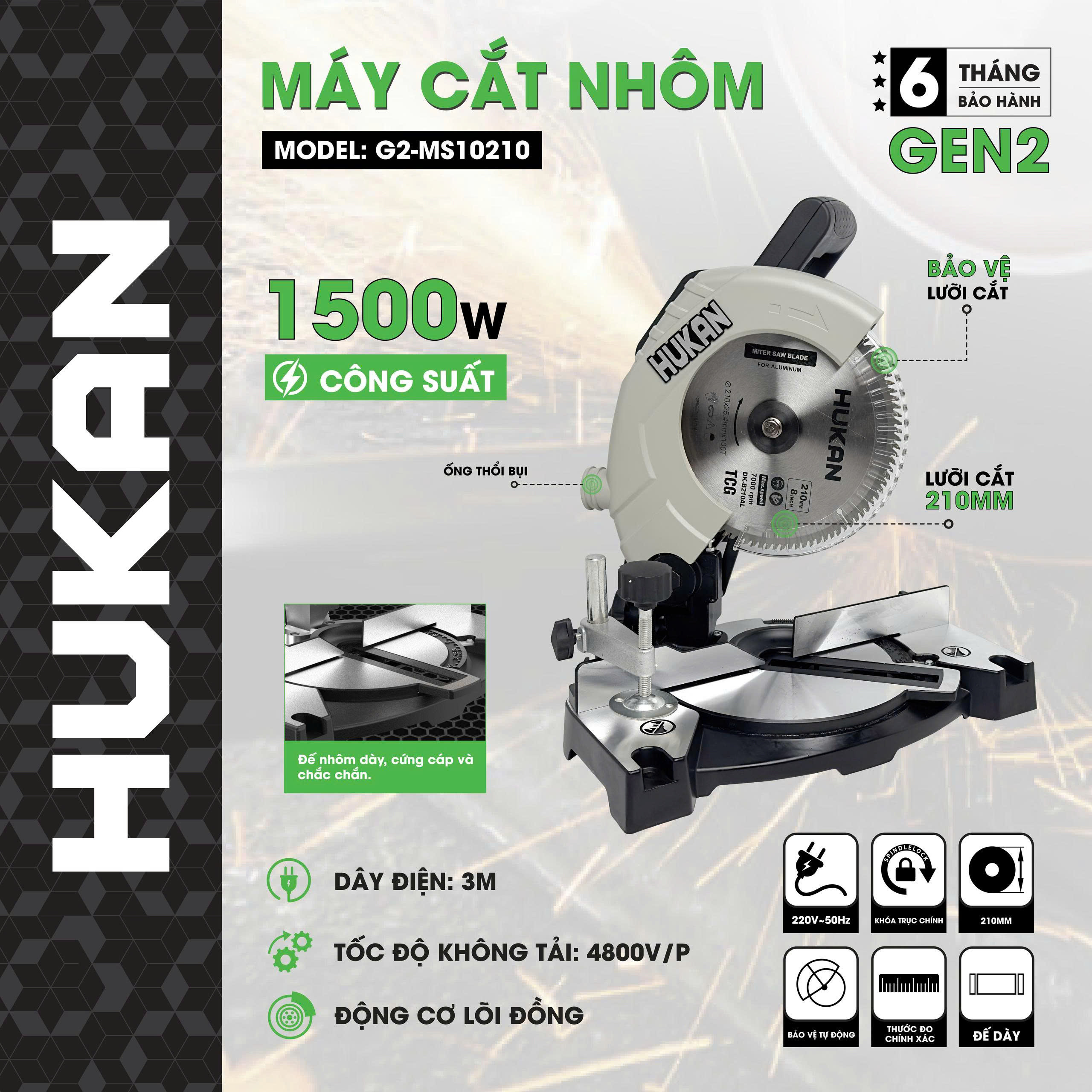 Máy cắt nhôm HUKAN G2-MS10210 (Gen 2) – 1500W, lưỡi 210mm