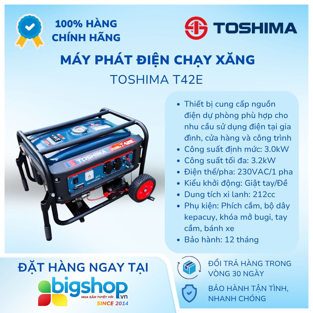 Máy phát điện chạy xăng TOSHIMA T42E (Công suất 3kW)