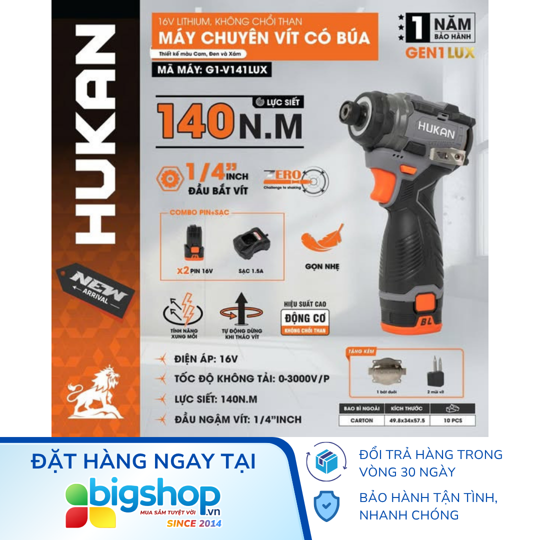 Máy chuyên vít có búa HUKAN G1-V141LUX (GEN 1) - Lực siết 140Nm (2 pin 16V và sạc)
