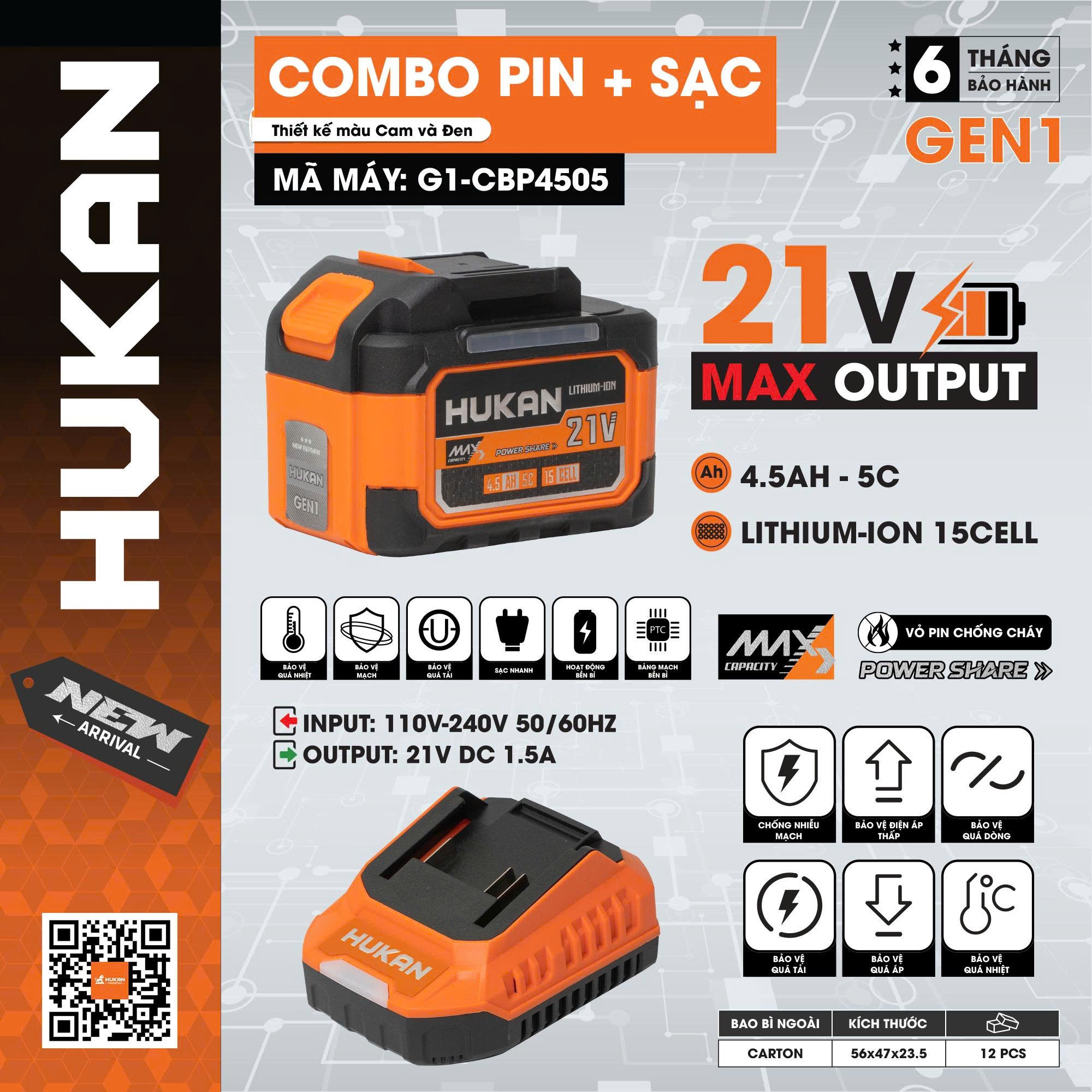 COMBO Pin 15Cells 4.5Ah + Sạc 1.5Ah HUKAN G1-CBP4505