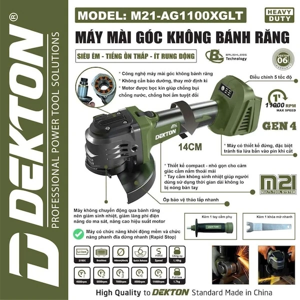 Máy Mài Góc Không Bánh Răng Dekton M21-AG1100XGLT, 21V, Lưỡi 100mm
