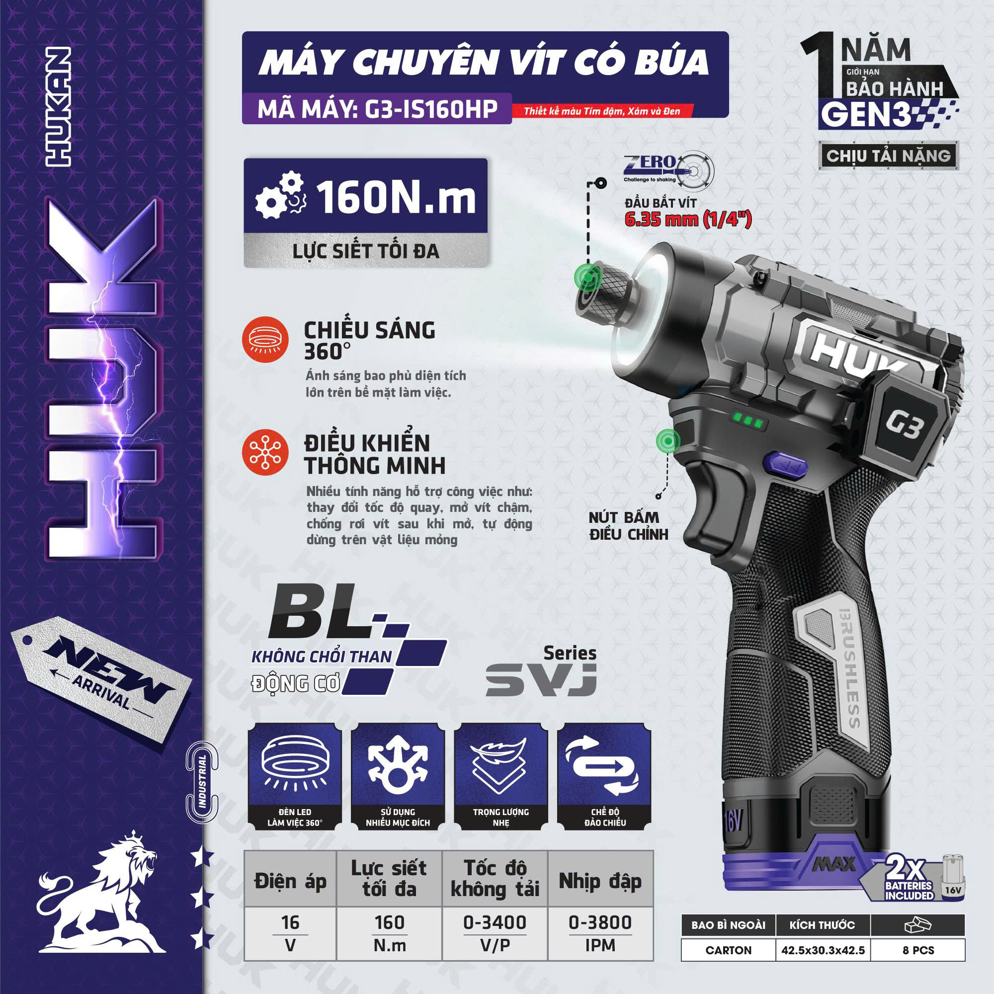 Máy Chuyên Vít Có Búa Đầu 1/4 HUKAN G3-IS160HP Gen 3 – 160Nm, Pin 16V