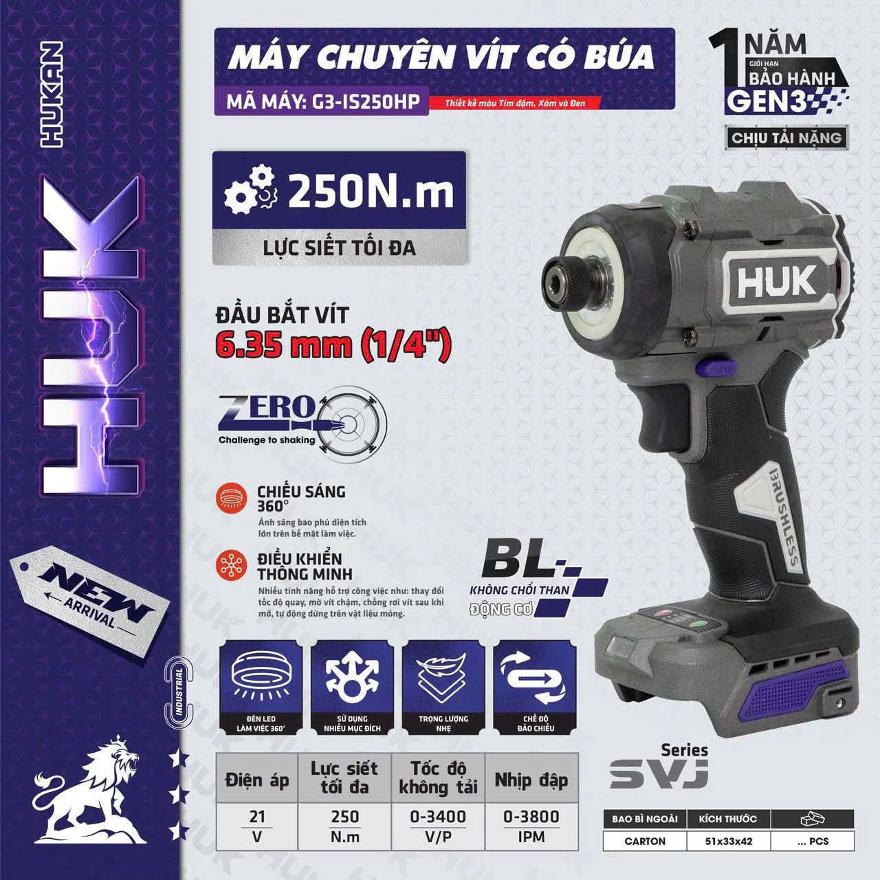 Máy Chuyên Vít Có Búa Đầu 1/4 HUKAN G3-IS250HP Gen 3 – 21V, 250Nm