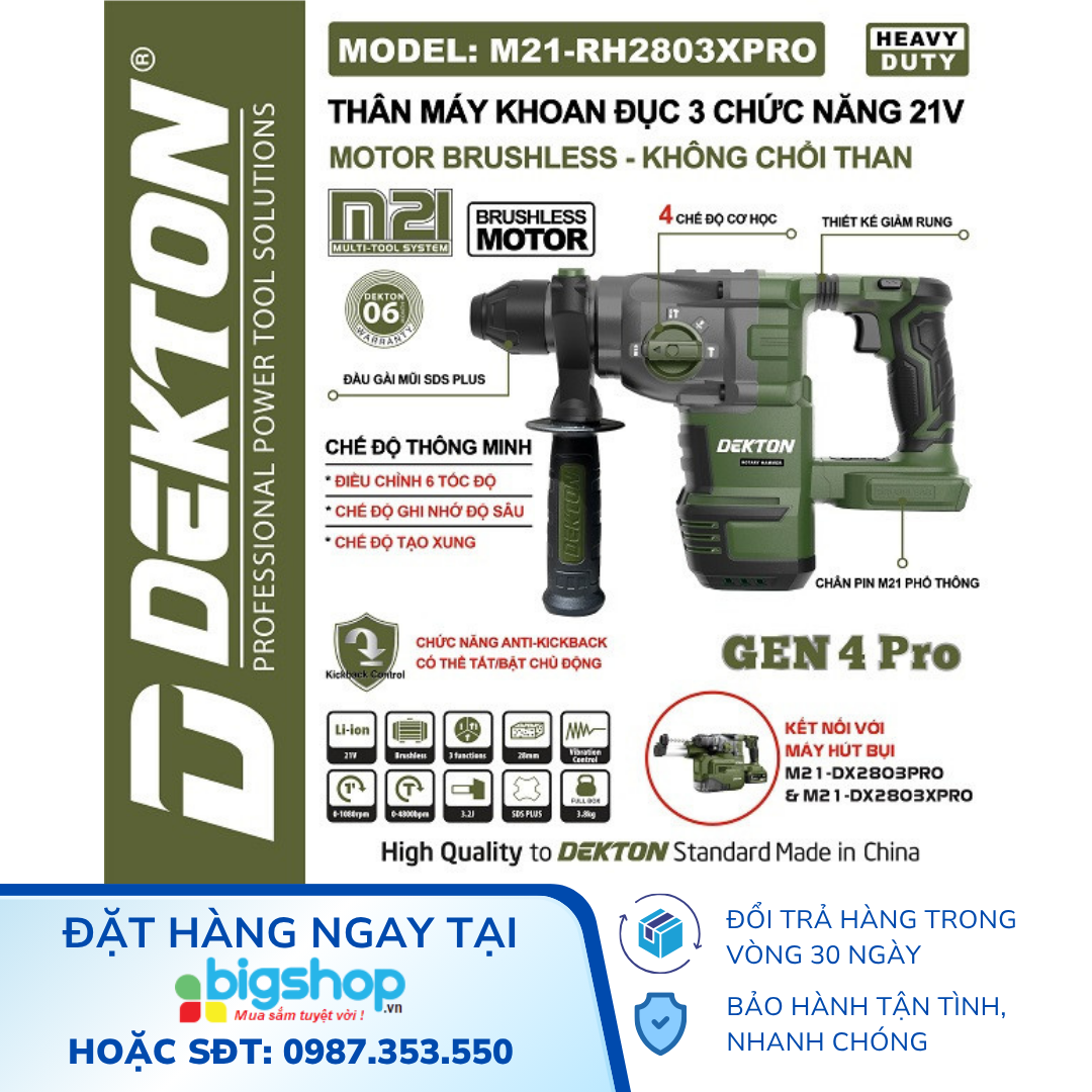Máy Khoan Đục 3 Chức Năng DEKTON M21-RH2803XPRO – 21V, Brushless