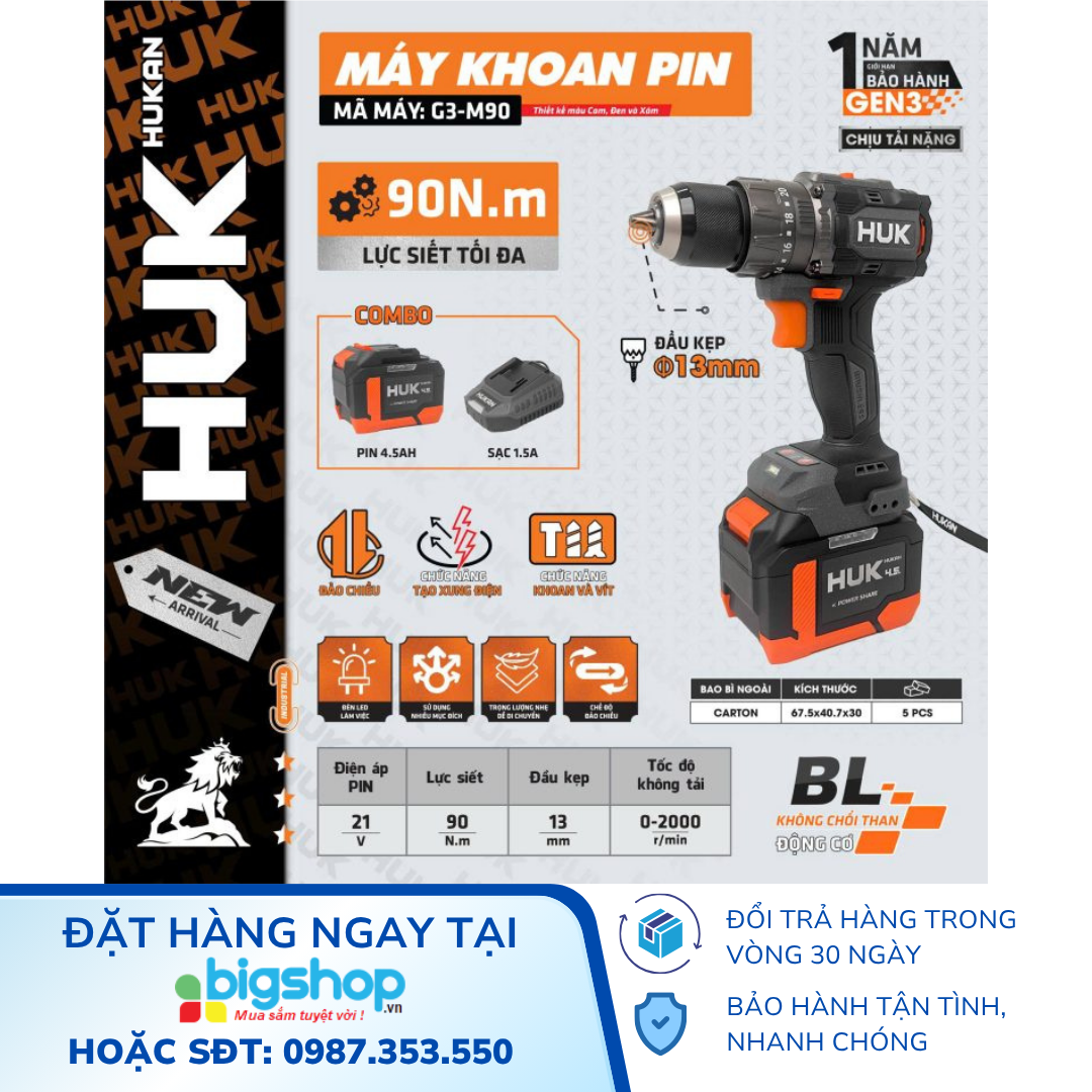 Máy Khoan Pin 3 Chức Năng 13mm HUKAN G3-M90 (Gen 3) – 21V
