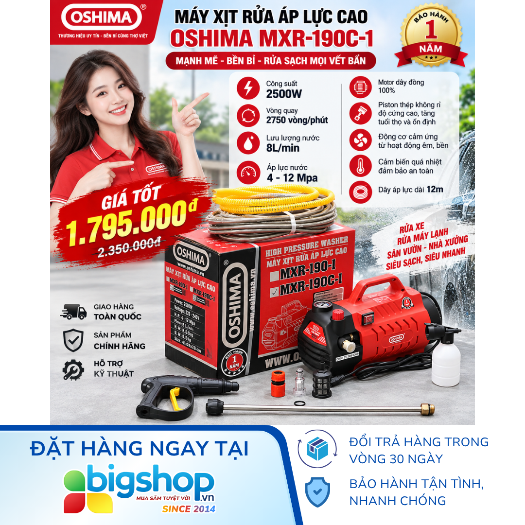 Máy xịt rửa OSHIMA MXR-190C-1 (CS 2500W, có chỉnh áp)
