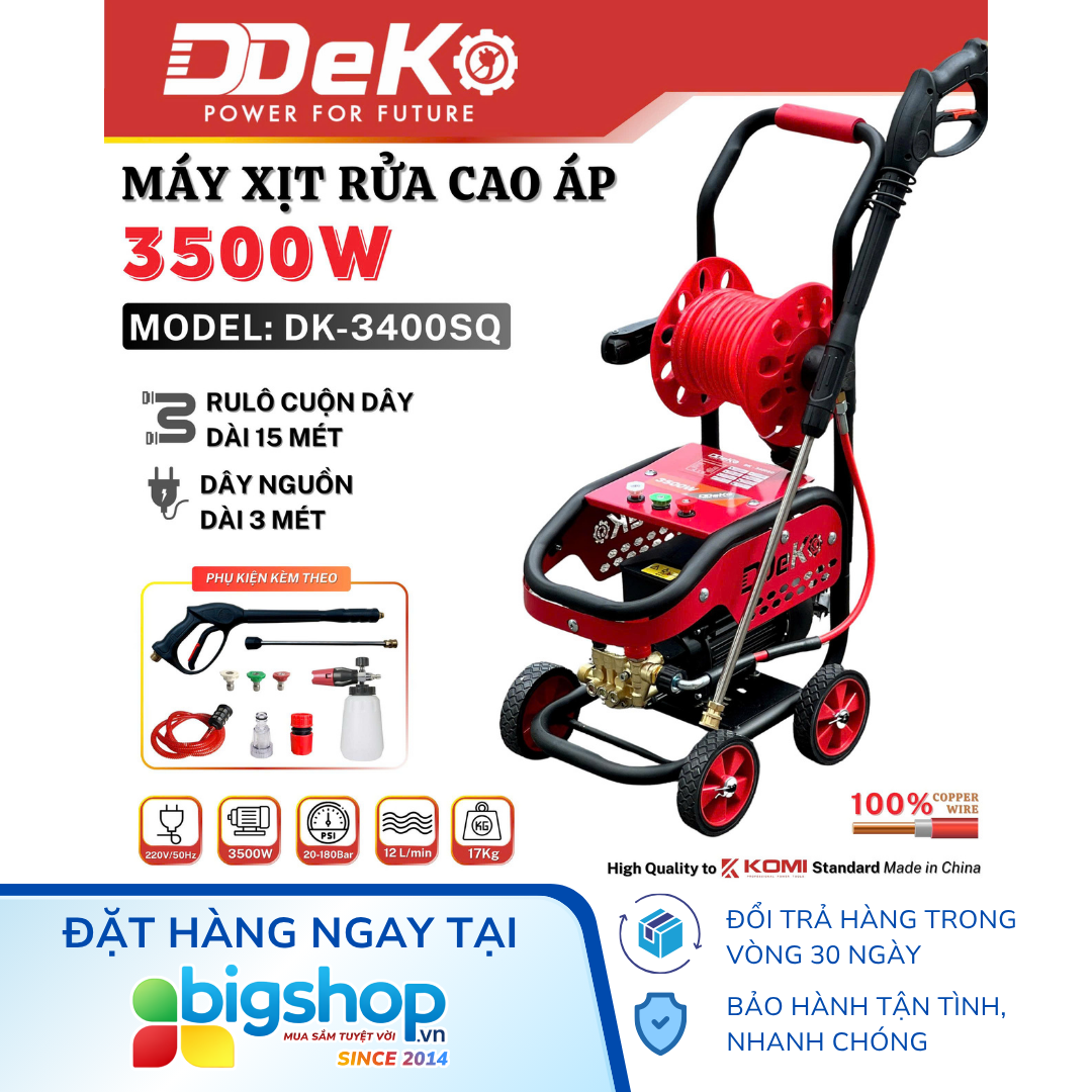 Máy xịt rửa xe DDEKO DK-3400SQ (180 bar, CS 3500W, có chỉnh áp)