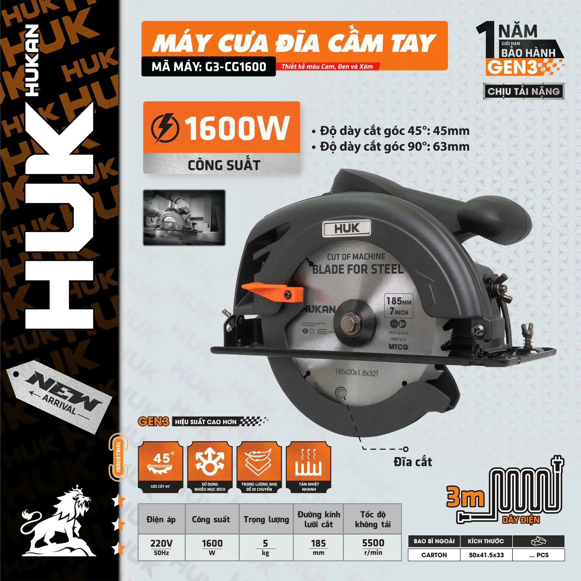 Máy cưa gỗ điện 185mm HUKAN GEN3,  1600W G3-CG1600