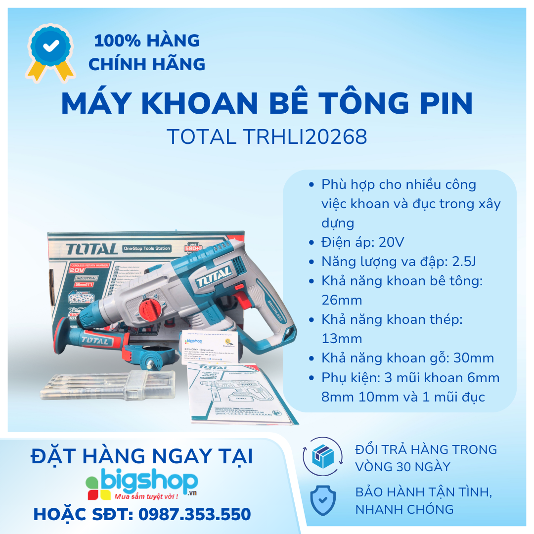 Máy khoan bê tông 3 chức năng dùng pin 20V Total TRHLI20268 (Chưa Pin & Sạc)	
