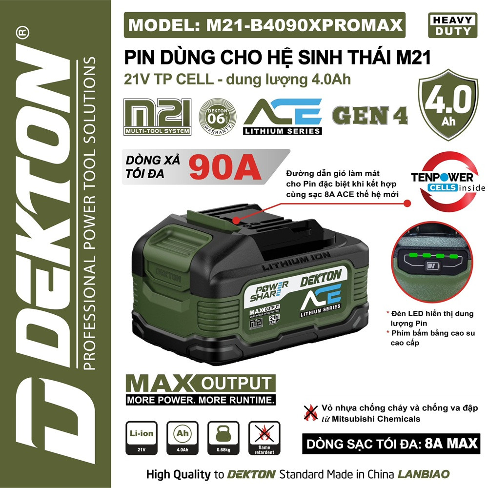 Pin DEKTON 21V /4ah, ACE SERIES phiên bản cao cấp Pro  M21-B4090XPROMAX/  M21-B4090PROMAX