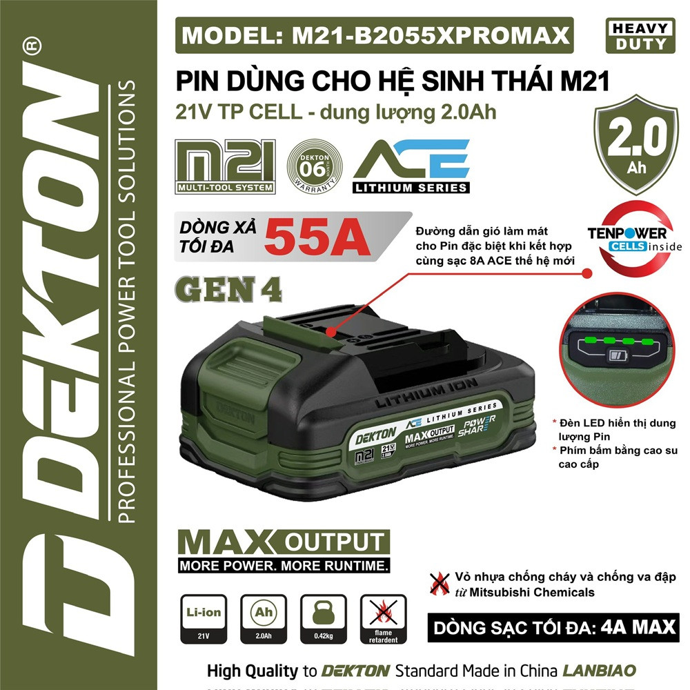 Pin 2.0ah DEKTON SERIES ACE phiên bản cao cấp M21-B2055XPROMAX 