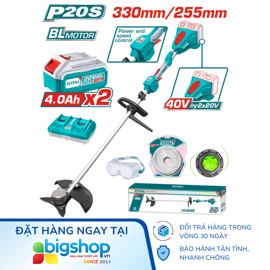 Máy cắt cỏ và bụi rặm dùng pin 40V TOTAL TSTLI200285 (2 pin 4.0Ah và 1 sạc)