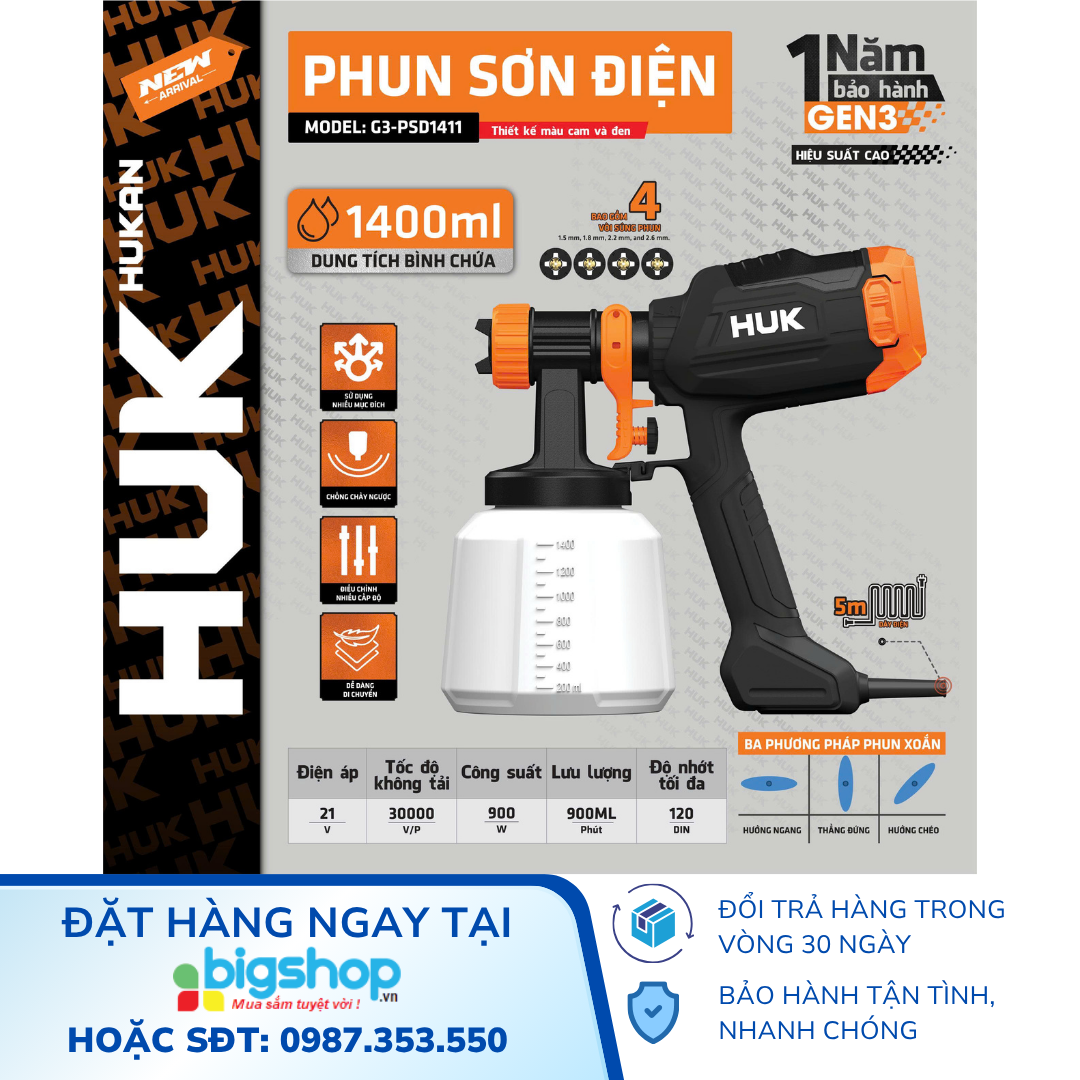 Máy Phun Sơn HUKAN G3-PSD1411 – Công Suất 900W, Bình 1400ml, 4 Đầu Phun