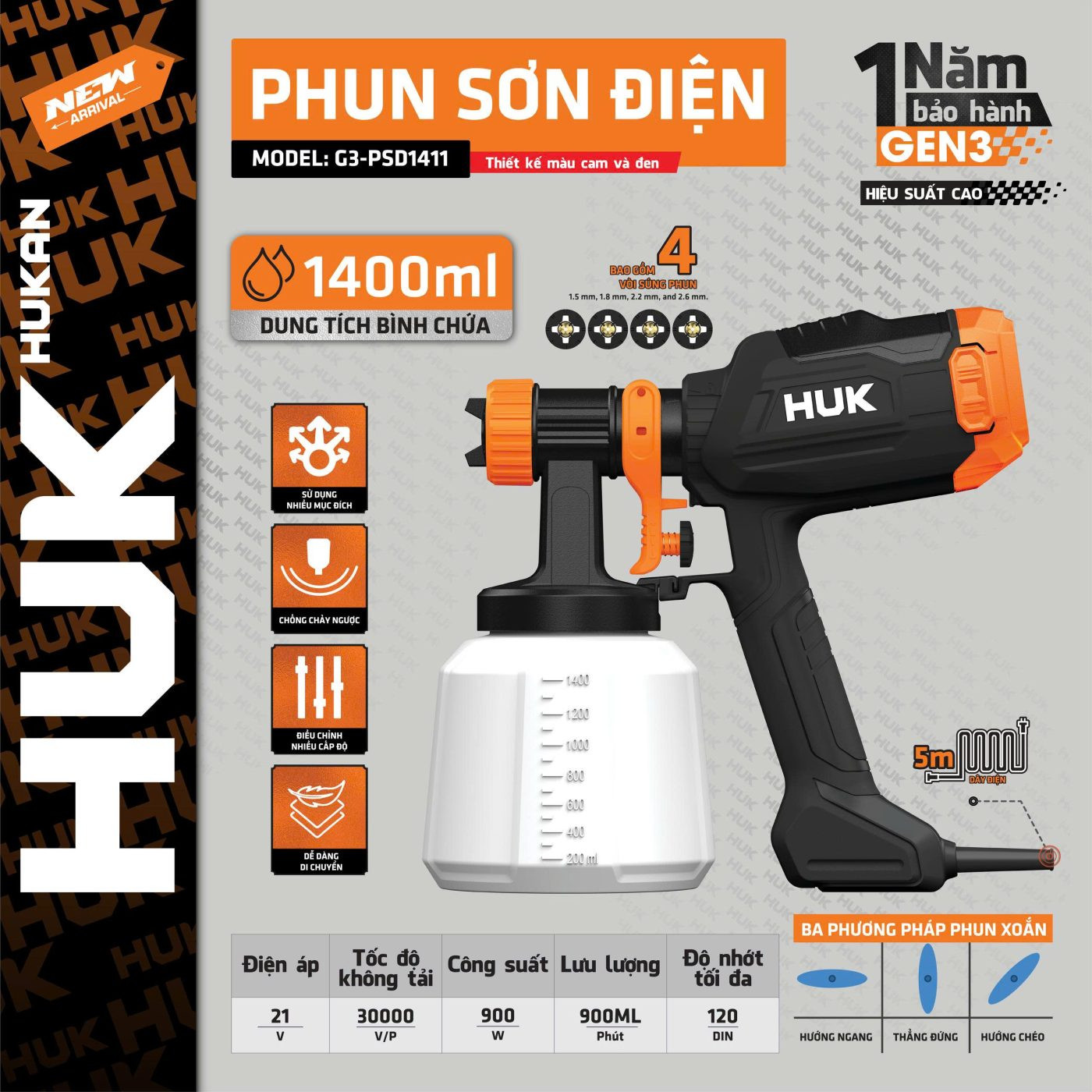 Máy Phun Sơn HUKAN GEN 3 – Công Suất 900W, Bình 1400ml, 4 Đầu Phun G3-PSD1411