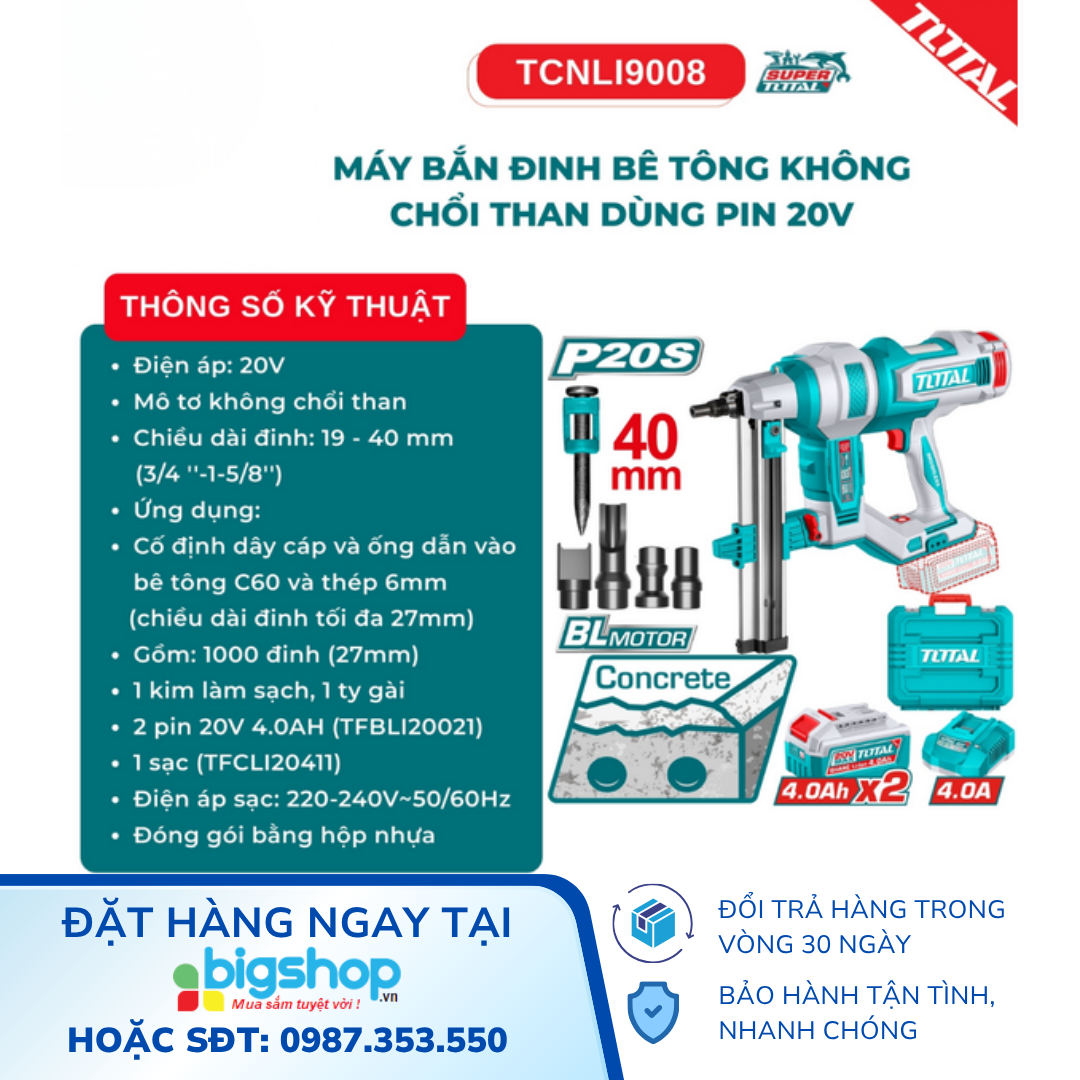 Máy Bắn Đinh Bê Tông Dùng Pin 20V TOTAL TCNLI9008 (2 Pin 4.0Ah và 1 Sạc)