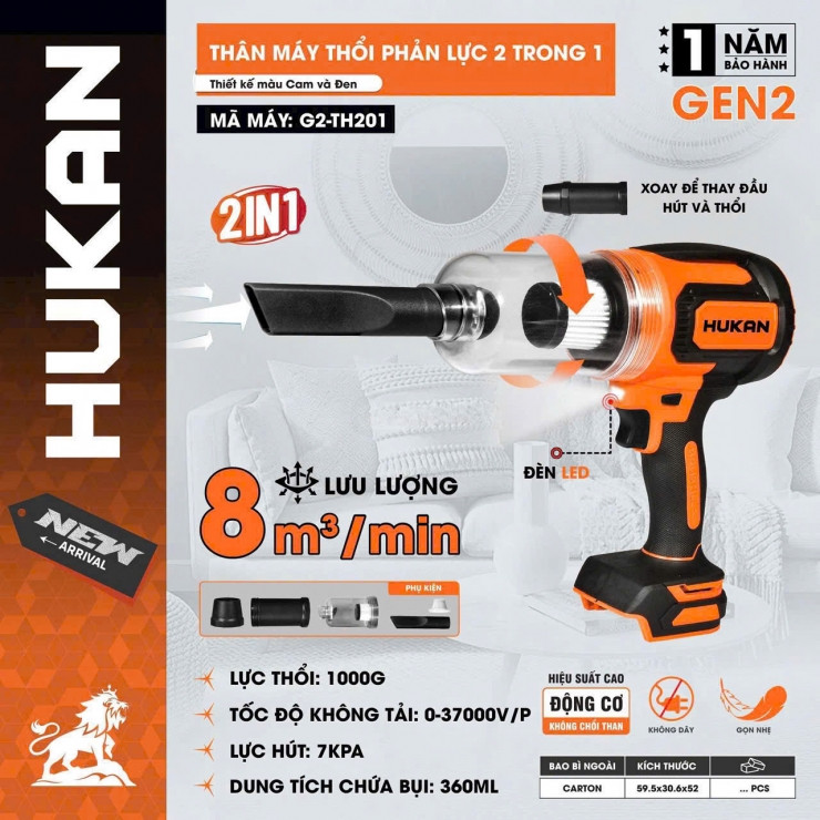 Máy hút và thổi phản lực Pin Hukan G2-TH201