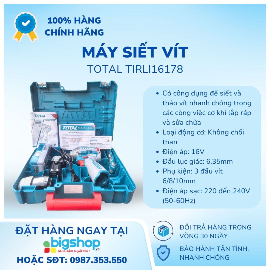 Máy Siết Vít Không Chổi Than TOTAL TIRLI16178 16V – 170Nm, 2 Pin 2.0Ah, Chính Hãng