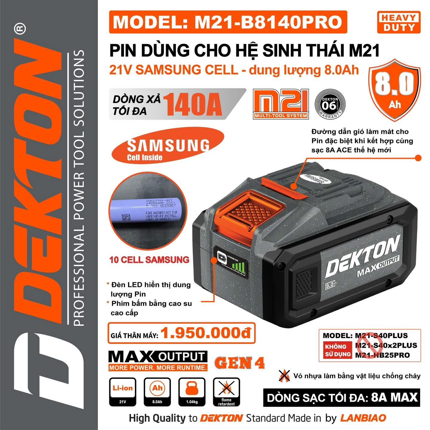 PIN DEKTON 21V 8.0Ah M21 CELL SAMSUNG – PIN THẾ HỆ MỚI DUNG LƯỢNG LỚN, SẠC NHANH, XẢ MẠNH