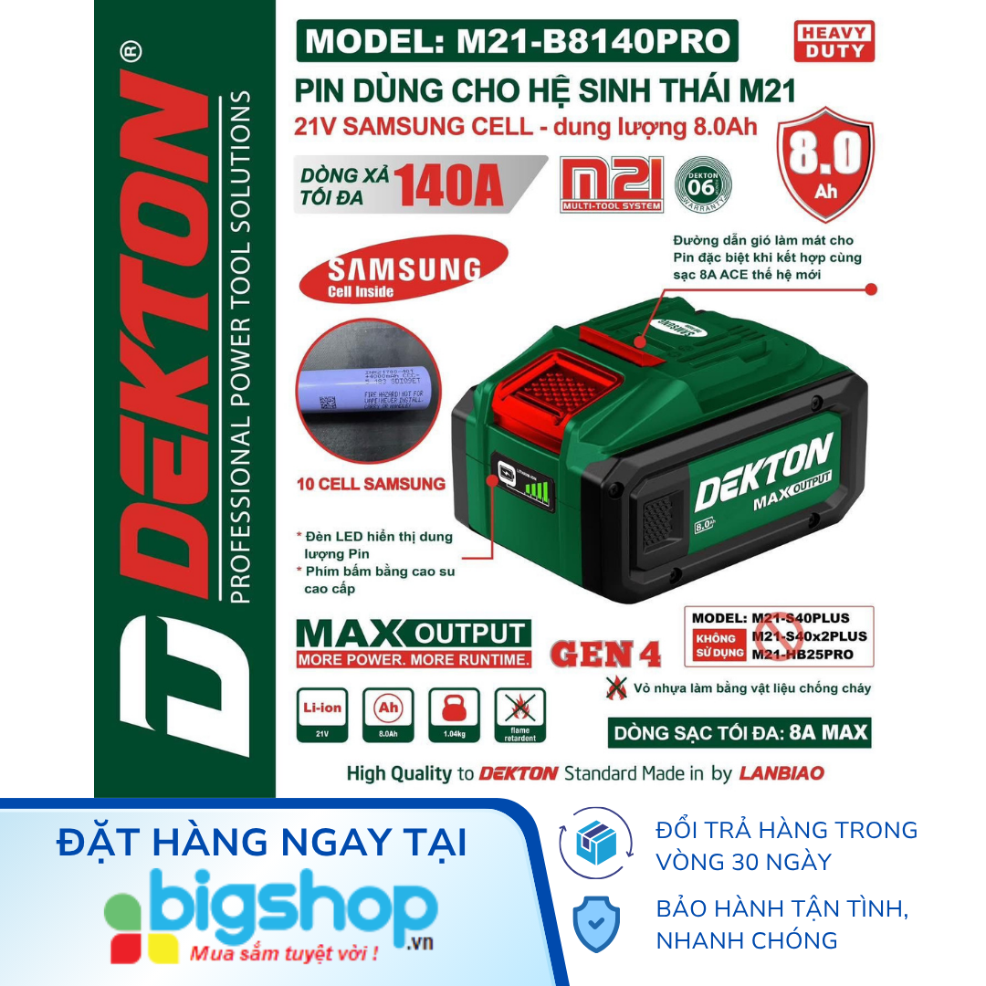 Pin 21V/8.0Ah DEKTON M21-B8140PRO (CELL SAMSUNG)