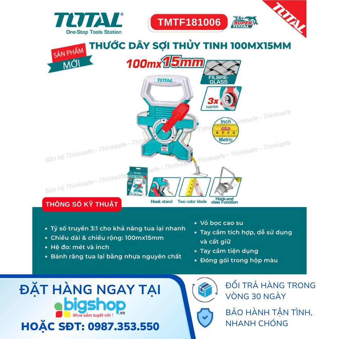 Thước dây sợi thủy tinh 100m x 15mm Total TMTF181006