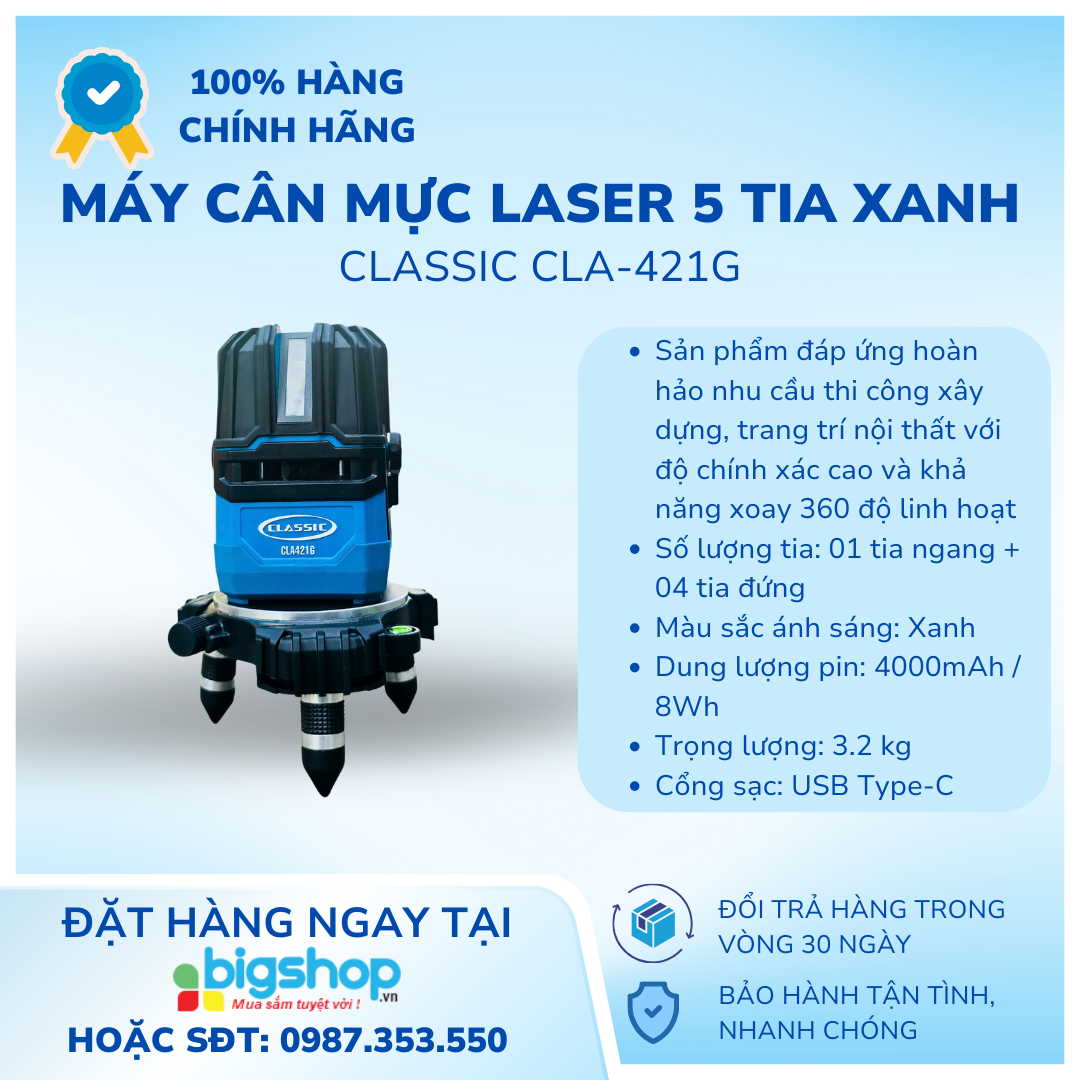 Máy cân mực Laser 5 tia xanh 4000mAh Classic CLA-421G