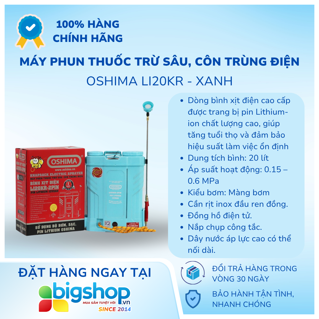 Máy phun thuốc trừ sâu, côn trùng điện OSHIMA Li20KR - Xanh (Pin Lithium 12V/8Ah)
