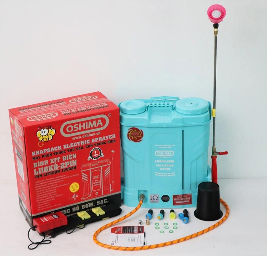 Máy phun thuốc trừ sâu, côn trùng điện OSHIMA Li16KR-2pin Xanh Pin lithium 12V8Ah