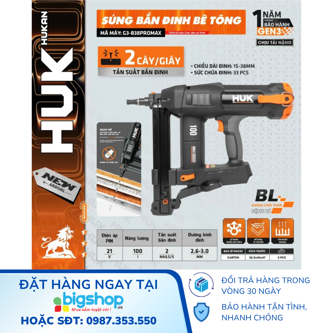 Thân súng bắn đinh bê tông pin 21V HUKAN G3-B38PROMAX
