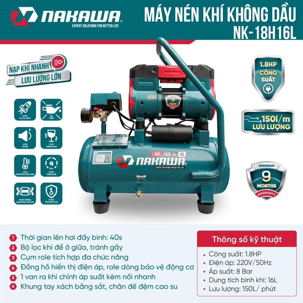 Máy nén khí không dầu, tốc nhanh, siêu êm NK-18H16L - 16 lít