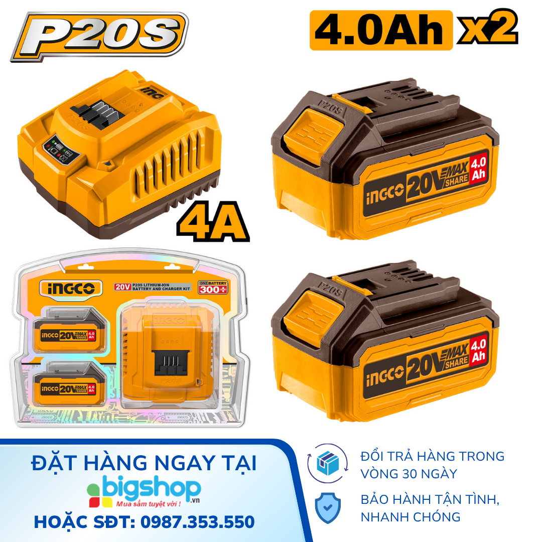 Bộ 2 pin 4.0Ah FBLI20021 và 1 đầu sạc FCLI2001 dùng pin 20V INGCO FBCPK1424