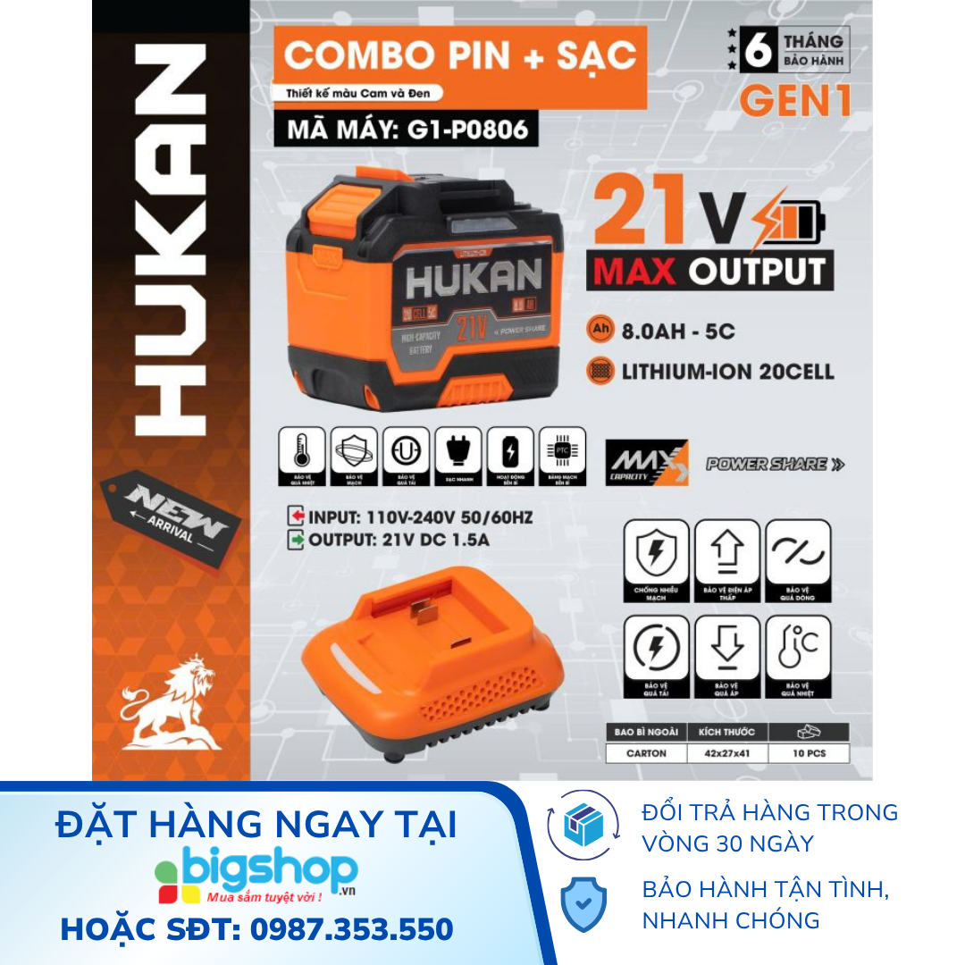 Bộ pin 8.0Ah-5C và sạc 1.5Ah (Gen 1) HUKAN G1-P0806