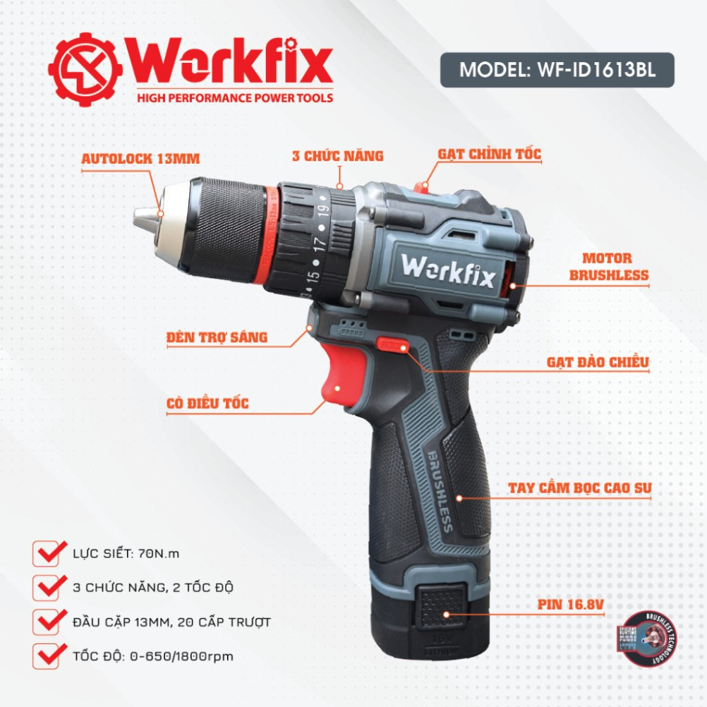  Máy khoan pin Workfix WF-ID1613BL Không Chổi Than – Đa năng Bắt vít – Khoan – Búa