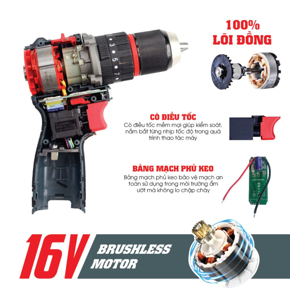  Máy khoan pin Workfix WF-ID1613BL Không Chổi Than – Đa năng Bắt vít – Khoan – Búa