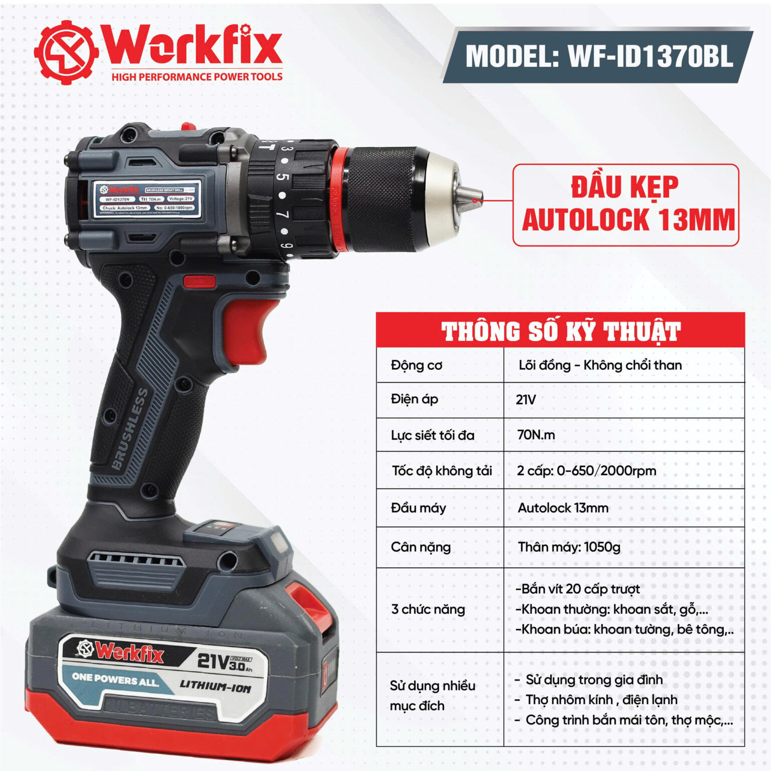 Máy khoan pin 13mm Workfix WF-ID1370BL Lực siết 70N.m Autolock Không chổi than – Bộ 2 Pin 10Cell – Chân pin phổ thông Makita
