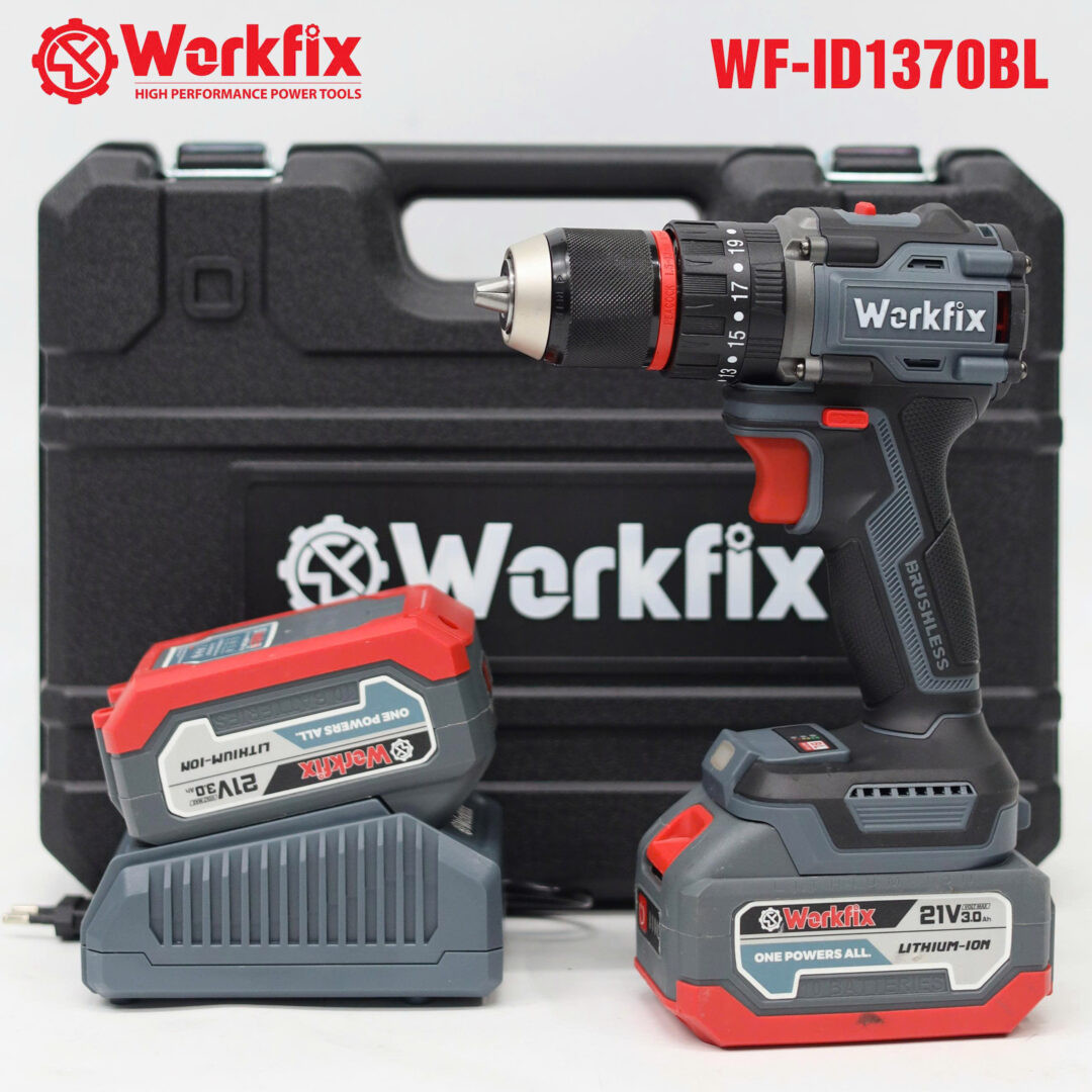 Máy khoan pin 13mm Workfix WF-ID1370BL Lực siết 70N.m Autolock Không chổi than – Bộ 2 Pin 10Cell – Chân pin phổ thông Makita