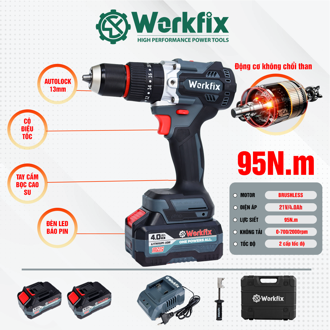 Máy Khoan Tường 13mm WORKFIX WF-ID1395BL – KHÔNG CHỔI THAN – Chuyên Khoan Tường, Khoan Rút Lõi, Bắt Vít