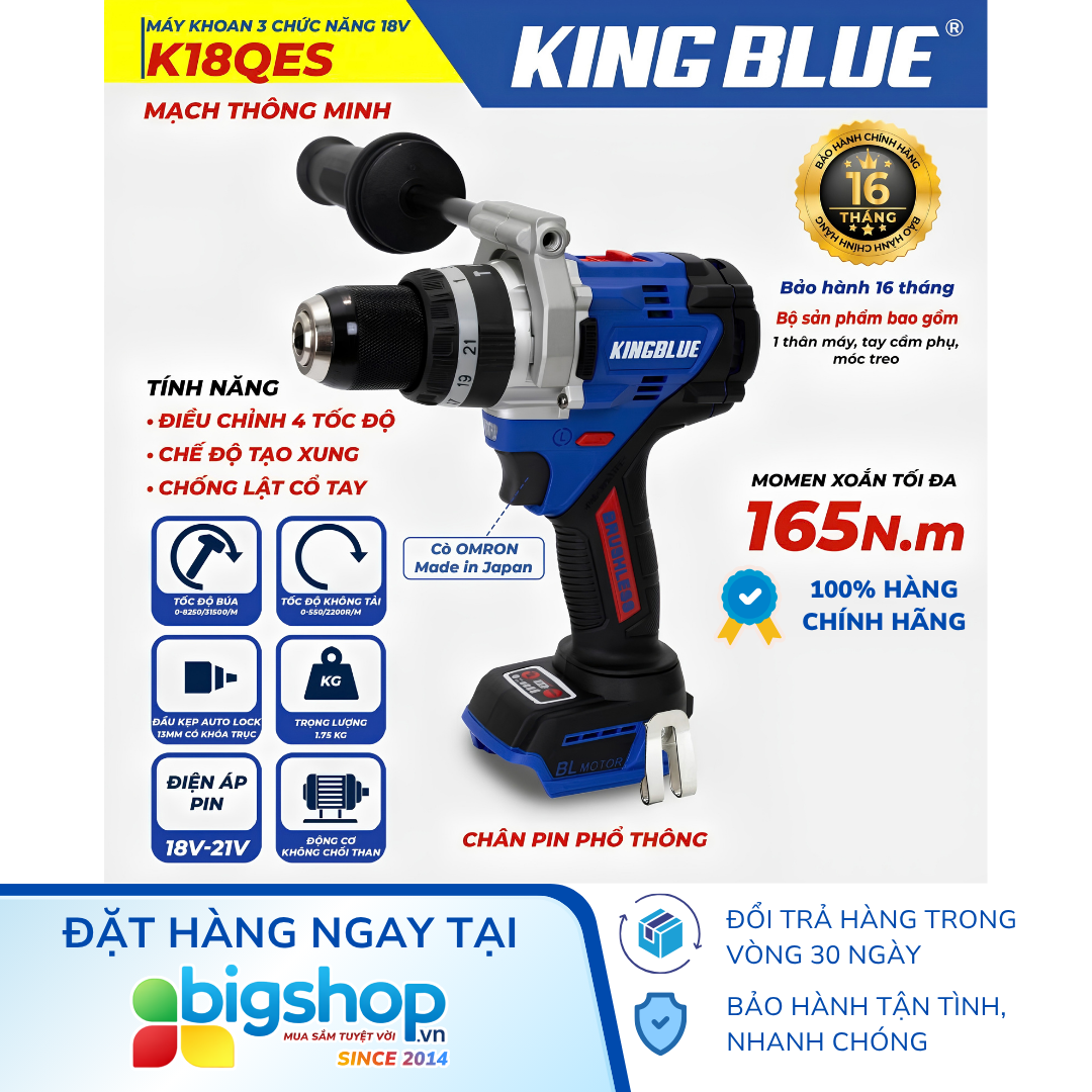 Máy Khoan 3 Chức Năng 18V KINGBLUE K18QES (Thân máy và mũi khoan)