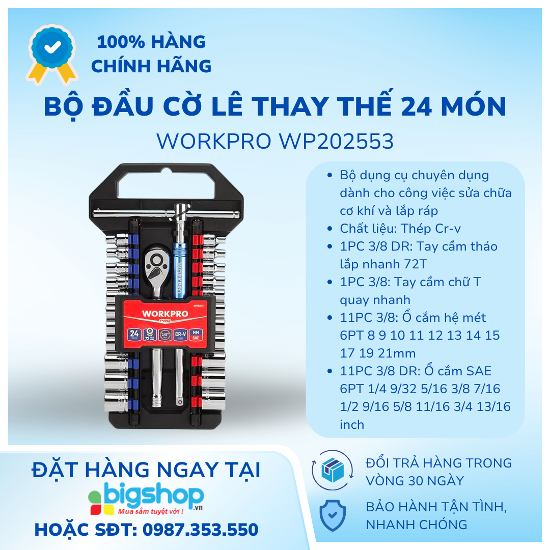Bộ đầu cờ lê thay thế 24 món Workpro WP202553