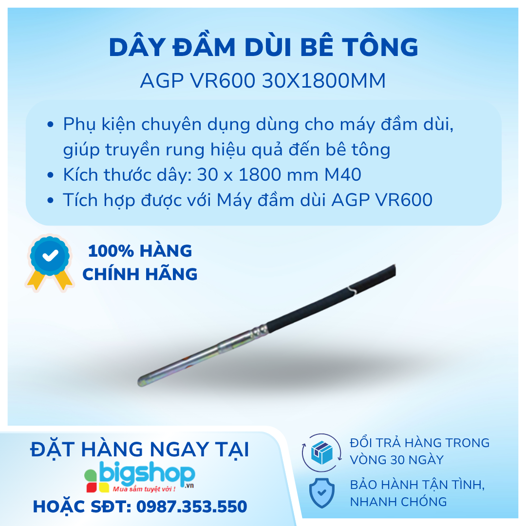 Dây đầm dùi bê tông AGP VR600 30x1800mm