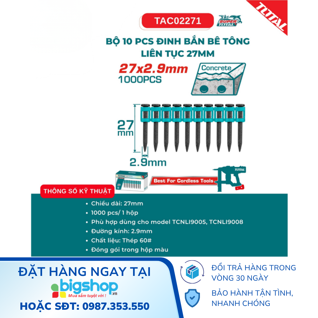 Bộ 10 pcs đinh bắn bê tông liên tục 27mm TOTAL TAC02271