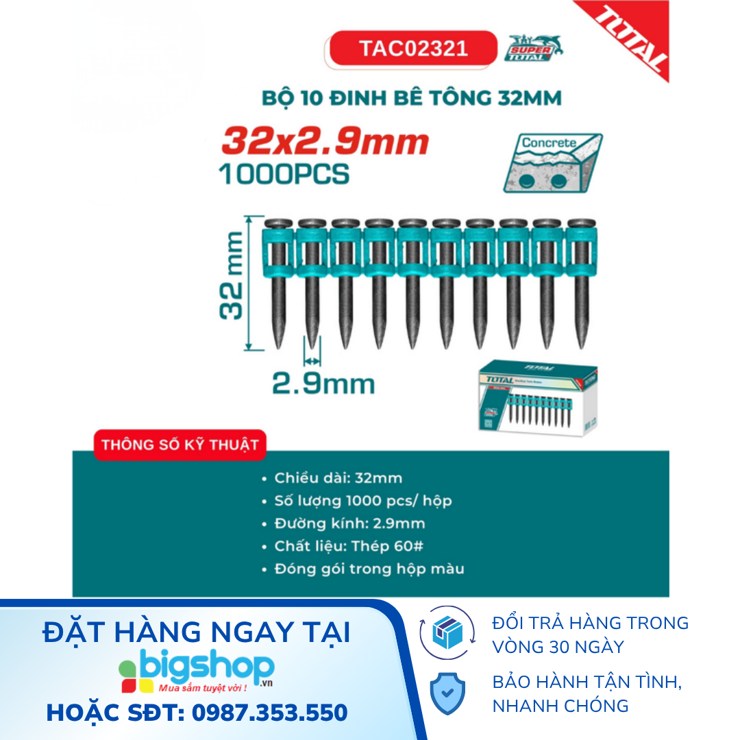 Bộ 10 đinh bê tông 32mm TOTAL TAC02321