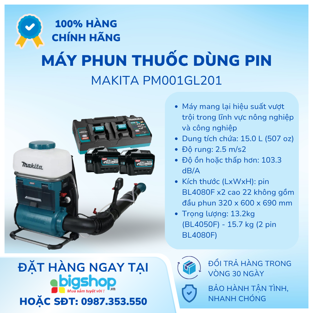 Máy phun thuốc dùng pin 40Vx2 Makita PM001GL201 - Dung tích 15L