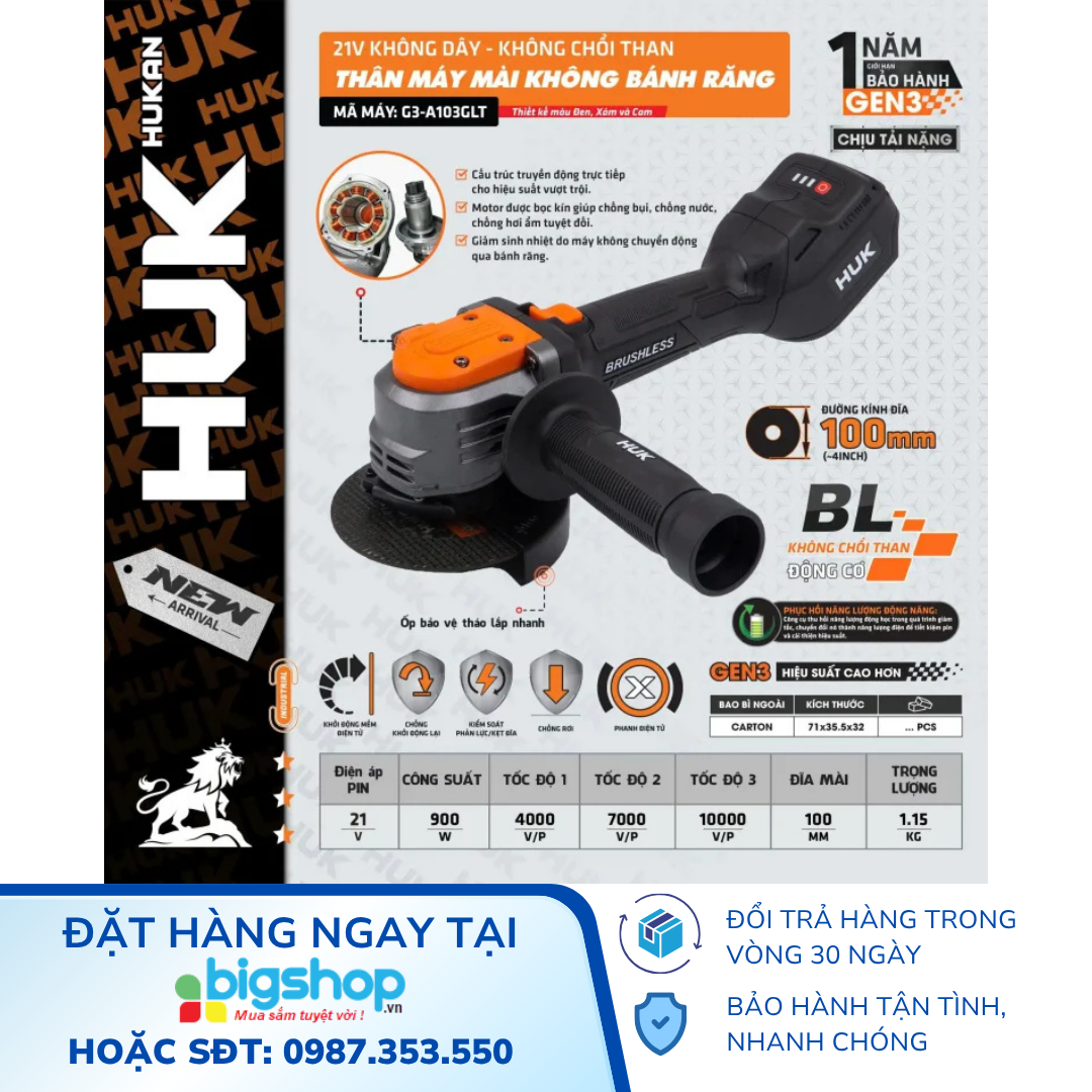 Máy mài pin 21V không bánh răng HUKAN G3-A103GLT (Thân máy)